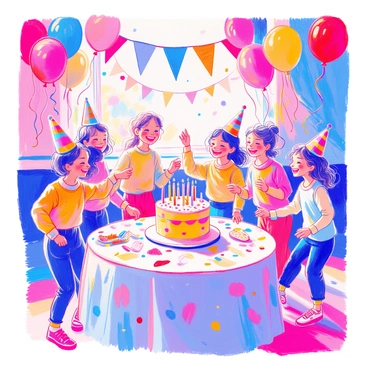 Children are dancing joyfully at a birthday party filled with colorful decorations. The scene includes balloons of various shapes and sizes, floating above the children. Some children are wearing party hats and others have colorful streamers in their hands. The children are smiling and laughing, surrounded by a table with a large birthday cake adorned with candles. Brightly colored party banners hang in the background.