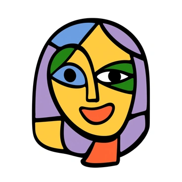 A face illustrated as a stained glass window, composed of various colorful fragments. The face has prominent features with bright blue and green pieces creating the eyes, a red piece forming the lips, and yellow and purple shapes making up the skin. The glass fragments are outlined in thick black leading, giving the image a bold and defined appearance. The background is composed of lighter pastel colors that enhance the vibrancy of the face while maintaining a delicate overall look. The arrangement of the colored pieces suggests light filtering through, casting an ethereal glow around the face.