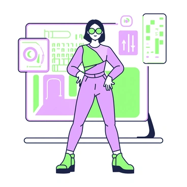 A model stands confidently in a high-tech environment. She wears a futuristic outfit made from metallic fabrics that reflect light in various ways. The outfit features sleek lines and bold geometric shapes, hugging her form elegantly. Behind her, large screens display abstract patterns and data, adding to the advanced atmosphere. The floor is smooth and shiny, emphasizing the modern design of the space, while subtle lighting highlights the contours of her outfit.