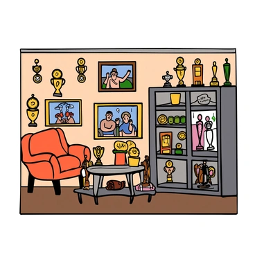 A room with light-colored walls and a wooden floor, filled with various trophies displayed on shelves and a large cabinet. There are several gold and silver medals hanging on the wall, each one reflecting light. MMA memorabilia, including framed photographs of fighters in action, is arranged throughout the room. The trophies vary in size and design, showcasing achievements from different competitions. A plush chair is positioned in one corner, and a small table holds a few more medals and a worn-out MMA glove.