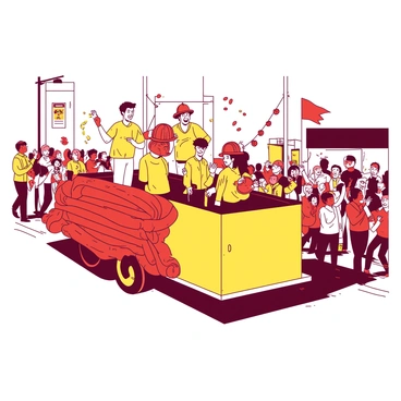 A yellow parade float is adorned with vibrant red fire hoses arranged artistically around its edges. Firefighters in bright yellow uniforms are standing on the float, smiling and waving to the crowd. Some firefighters are holding red helmets, while others are tossing small orange candies into the audience. The float is moving along a bustling street lined with excited spectators, many of whom are cheering and taking photos. Colorful banners flutter in the background, adding to the festive atmosphere of the parade.