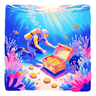 A diver wearing a sleek wetsuit and mask is underwater exploring the ocean floor. Sunlight filters down through the water, creating a shimmering effect around him. He is reaching out towards an ornate treasure chest, partially covered in sand and surrounded by colorful coral and small fish. The chest is adorned with intricate designs and is slightly ajar, revealing a glimpse of shiny bitcoins inside. Bubbles rise around the diver as he carefully inspects the chest, conveying a sense of excitement and discovery in this underwater scene.