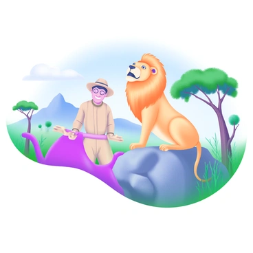 A scene depicting a person wearing a light-colored safari outfit, fainting from excitement while standing in front of a majestic lion. The lion is sitting proudly on a rocky outcrop, its golden mane shimmering in the sunlight. Surrounding them are tall grasses and acacia trees typical of a safari landscape. In the background, a clear blue sky contrasts with the vibrant greens of the savannah. The person's expression shows a mix of awe and surprise, emphasizing the thrilling moment of encountering the lion.