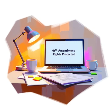 A modern laptop placed on a wooden desk, with a focus on the screen displaying the text "4th Amendment Rights Protected" in bold, clear font. The laptop is silver with a sleek design, and the keyboard is slightly illuminated. Around the laptop, there are scattered documents, including a printed copy of the Fourth Amendment and a few sticky notes. A coffee mug is positioned beside the laptop, and the warm glow of a desk lamp casts a soft light over the scene.
