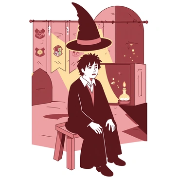 A first-year student wearing a traditional school robe is sitting on a wooden stool with a nervous expression. The Sorting Hat is hovering above the student's head, appearing to be in deep contemplation. The student's hair is slightly tousled, and their hands are resting nervously on their lap. The background features a warm and inviting atmosphere, illuminated by soft, flickering candlelight, casting shadows around the room. There are banners representing different houses hanging on the walls, creating a sense of anticipation and excitement in the air.