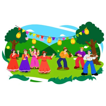 A group of hobbits dancing joyfully in a vibrant festival setting. They are dressed in colorful, traditional clothing, with some wearing hats adorned with flowers. Some hobbits are playing musical instruments, such as fiddles and flutes, while others clap along to the rhythm. The scene is filled with colorful decorations, including bright banners and ribbons hanging from trees. Lanterns of various shapes and sizes illuminate the area, casting a warm glow. The background features lush green hills, enhancing the festive atmosphere.
