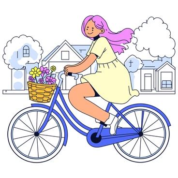 A girl with long flowing hair is riding a vintage bicycle. The bicycle has a classic design with a curved frame and a wicker basket in the front. The basket is filled with colorful flowers, including daisies and roses. The girl wears a light summer dress that sways as she pedals. She is cruising down a charming street lined with small houses and trees. The pavement has a cobblestone texture, enhancing the quaint atmosphere of the scene.