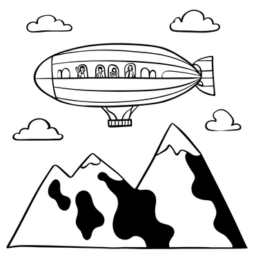 A large zeppelin floating gracefully above a rugged mountain range. The zeppelin has multiple windows, with several passengers waving from them, their arms extended out. The mountains below are jagged and imposing, covered with patches of snow on their peaks. Fluffy clouds are scattered across the sky, enhancing the scene's depth.