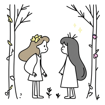 Two forest spirits, one with long flowing hair adorned with leaves and the other with small antlers, are standing amidst slender, whispering trees. The first spirit is gazing directly at the second, their eyes filled with curiosity. Soft light filters through the trees, casting gentle shadows on the forest floor. Vines and small flowers are intertwined around the tree trunks, adding to the enchanting atmosphere. The spirits are dressed in simple garments made of natural materials, blending harmoniously with their surroundings.