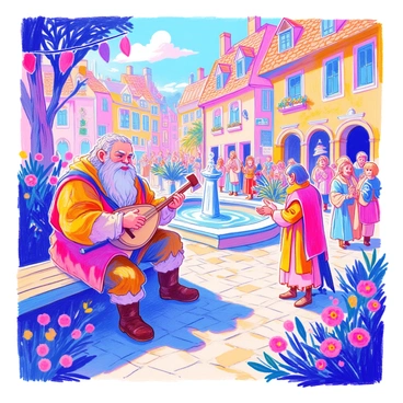 Gimli, a stout dwarf with a braided beard, is sitting on a wooden bench in a cheerful village square. He is wearing a sturdy tunic and leather boots, with an axe resting beside him. In front of him, a bard with a bright tunic is playing a lute, strumming lively notes that fill the air. The square is filled with villagers, some clapping along to the music, while others are dancing. Colorful banners hang from the buildings, and flowers line the cobblestone path. A fountain is bubbling cheerfully in the background, completing the vibrant scene.
