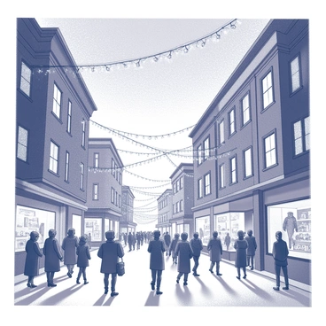 A street scene bustling with activity during the evening. Buildings line the street, each with various holiday decorations. Strings of "twinkling lights" are hung across the street, casting intricate shadows on the pavement below. People are gathered, some walking and others stopping to admire the decorations. Snowflakes gently fall from the sky, blanketing the ground. Shop windows display festive displays, inviting passersby to take a closer look. The atmosphere is lively as laughter and cheerful conversations fill the air.
