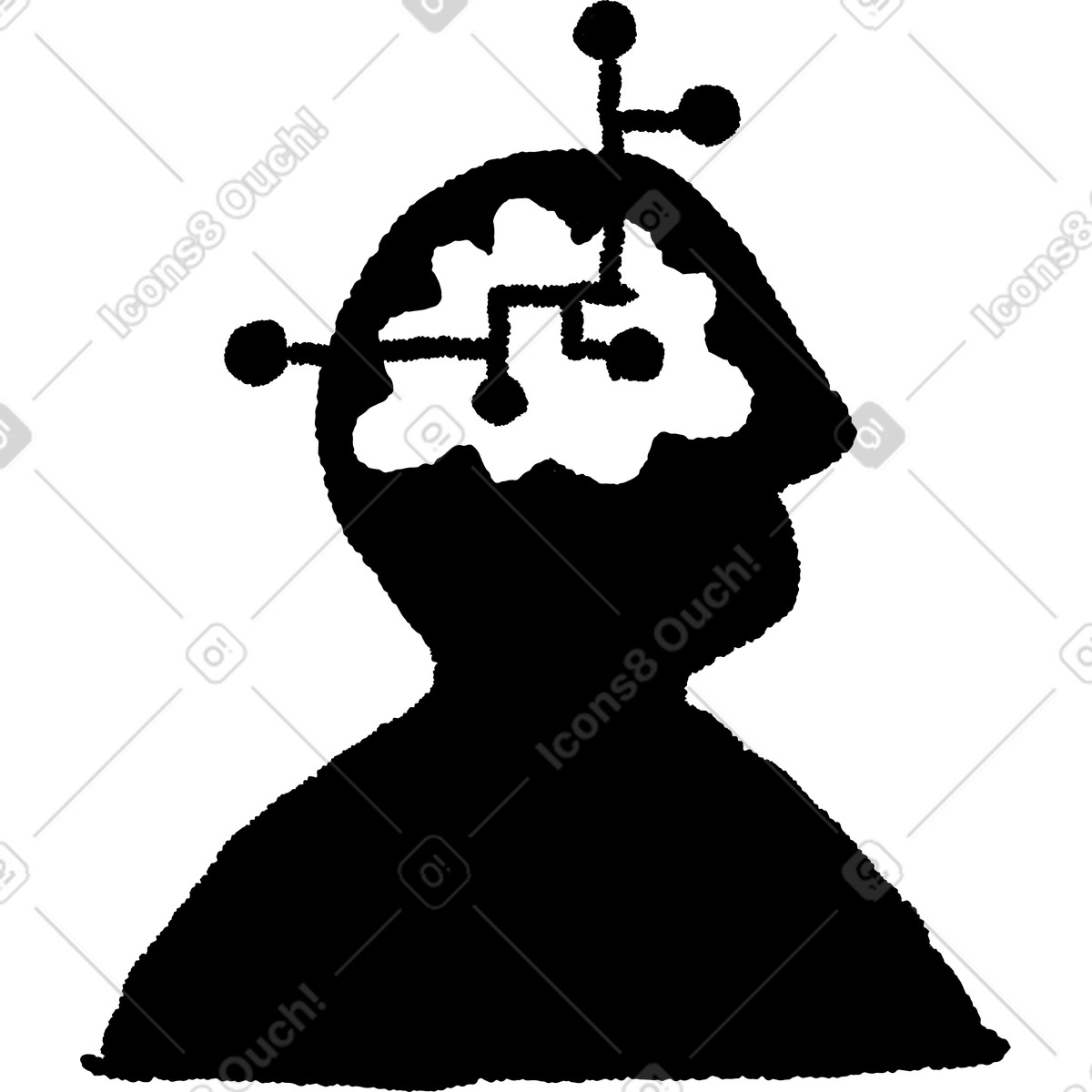 Ilustração de Head silhouette with brain circuit nodes symbolizing artificial intelligence thinking em no estilo Black Chalk para baixar em PNG, SVG