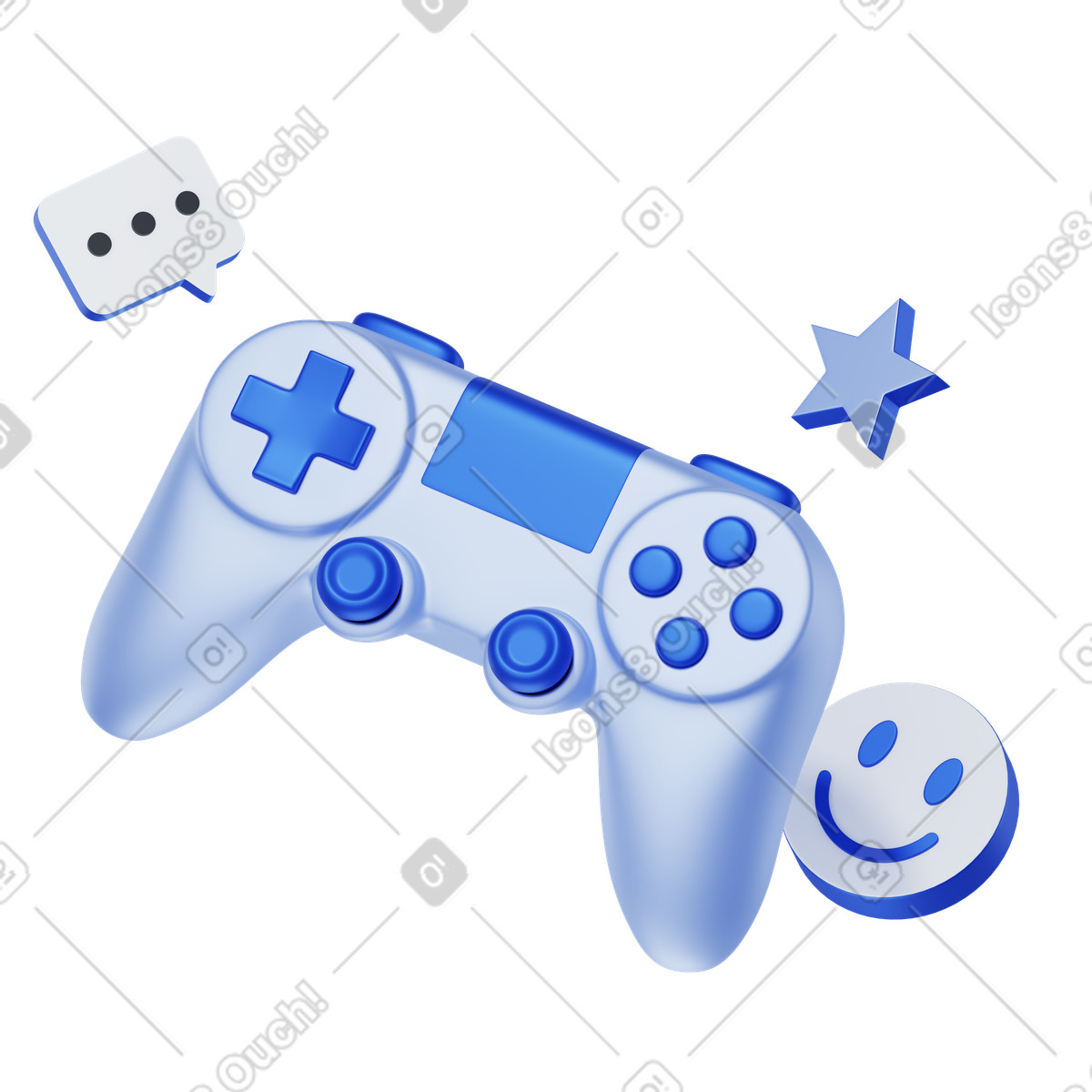 Ilustração animada de Gamepad e balão de fala com rosto sorridente e estrela ao redor dele em GIF, Lottie (JSON), AE