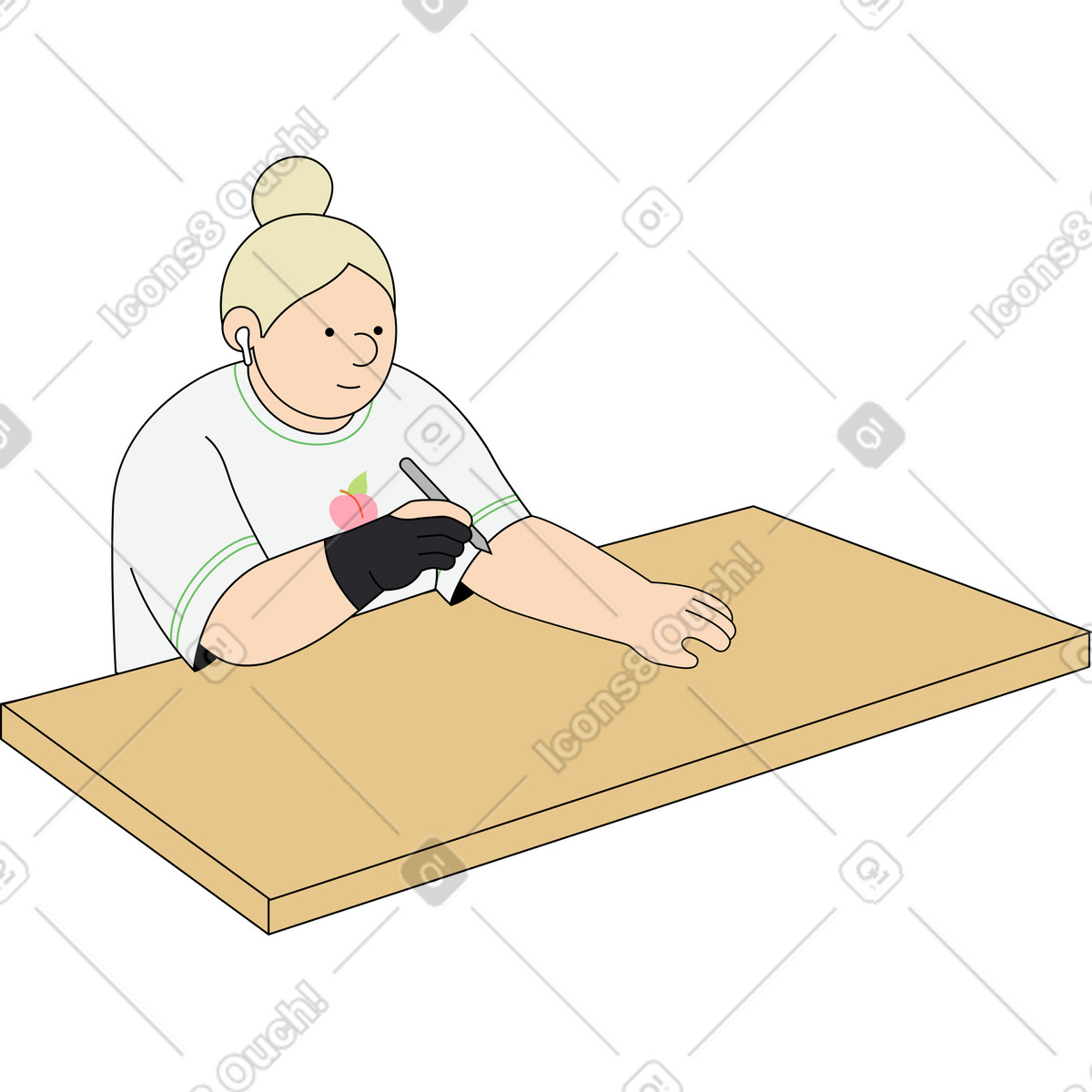 Woman holding a pencil illustration clipart of a workspace in PNG, SVG, GIF