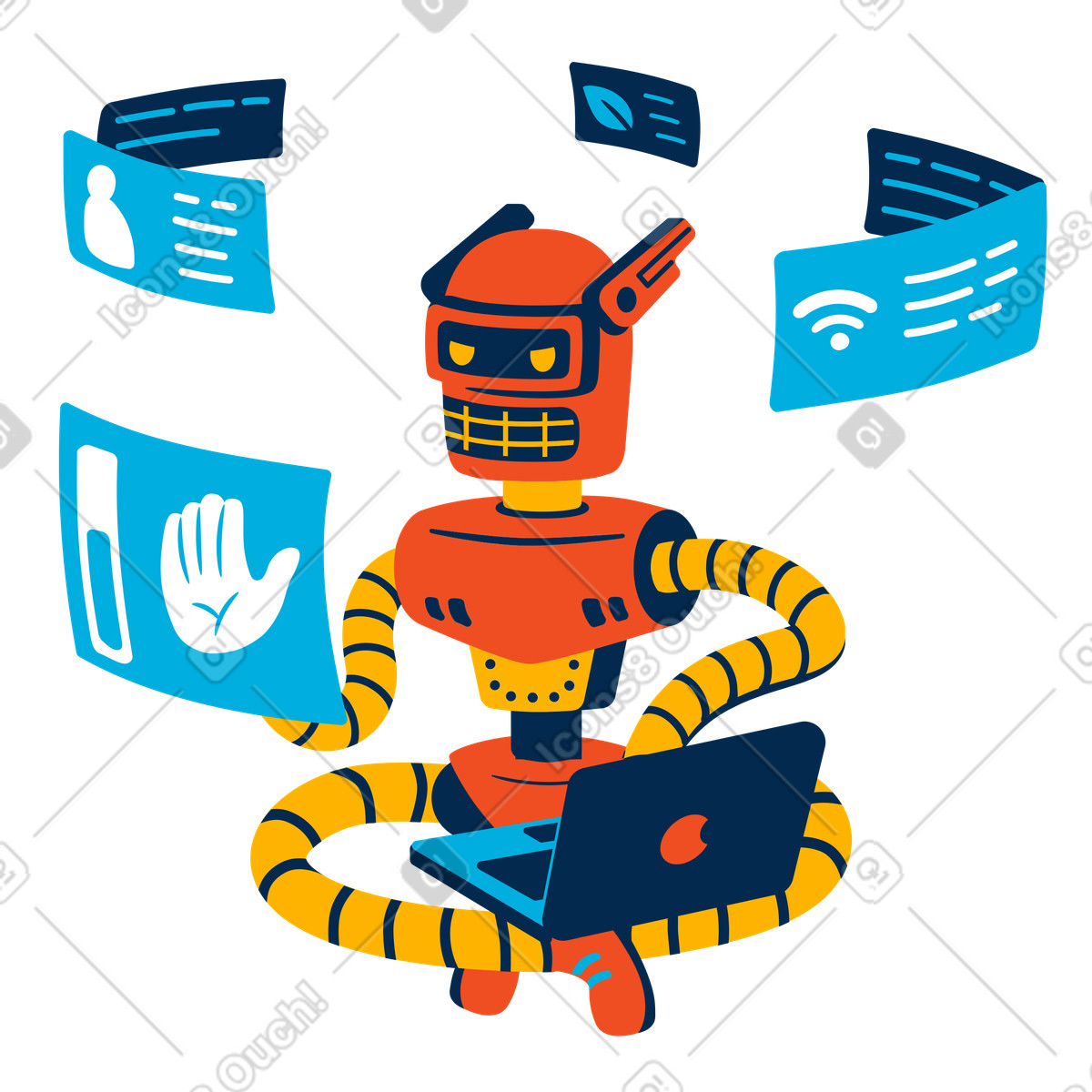 Robot with laptop surrounded by data panels, AI technology and automation illustration in PNG, SVG