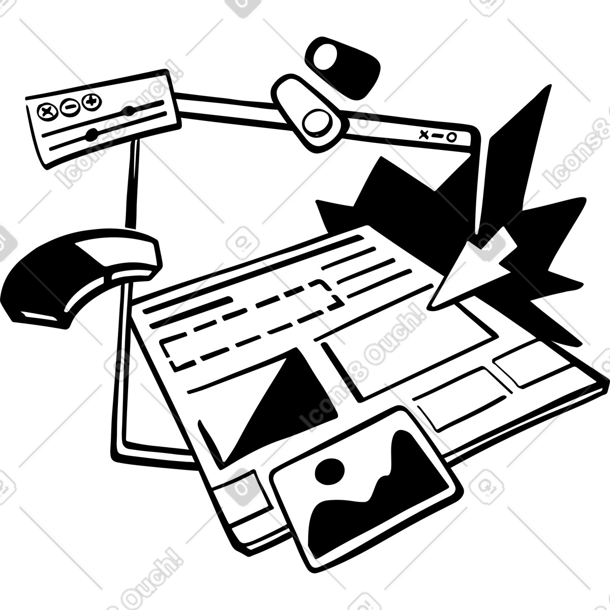 Building website with wireframe and elements illustration in Line style download in PNG, SVG