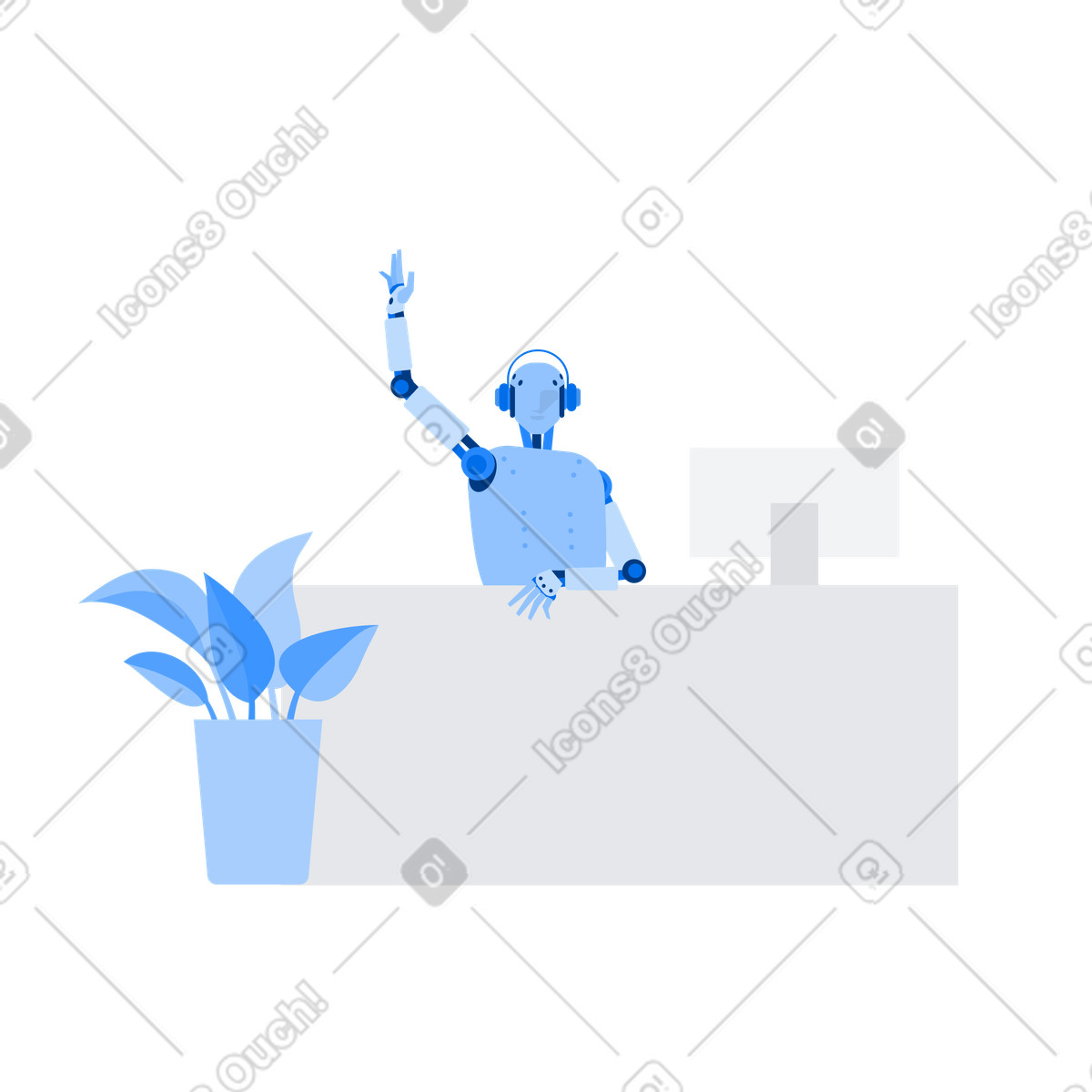 Android robot sitting at the reception and greeting with his hand up illustration in Urban style download in PNG, SVG