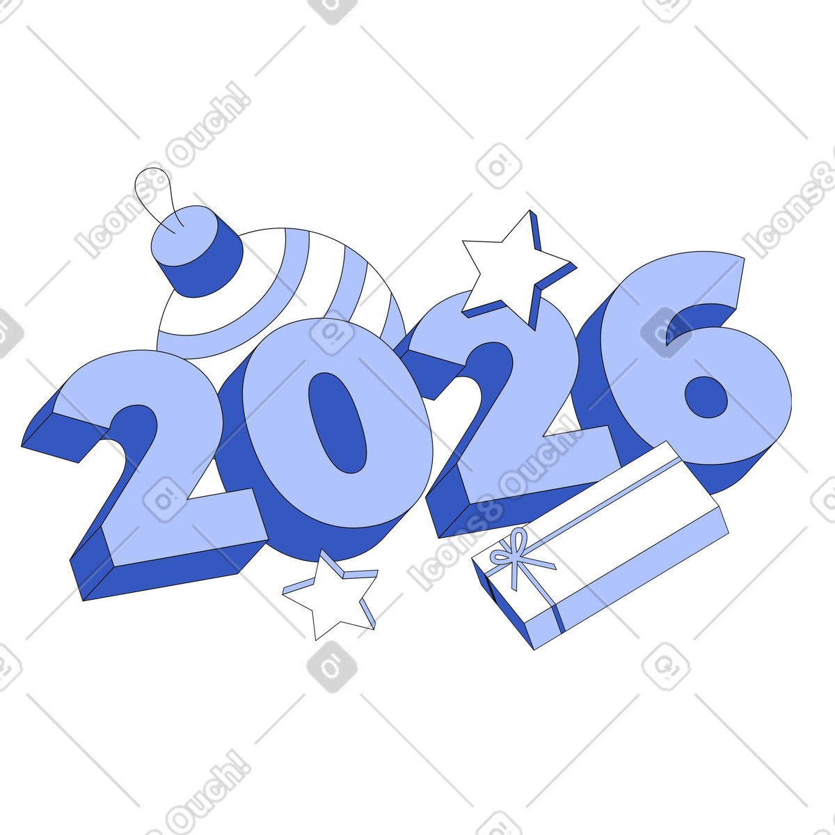 Ilustração de Letras 2026 com enfeite natal e texto caixa presente em no estilo Techny para baixar em PNG, SVG