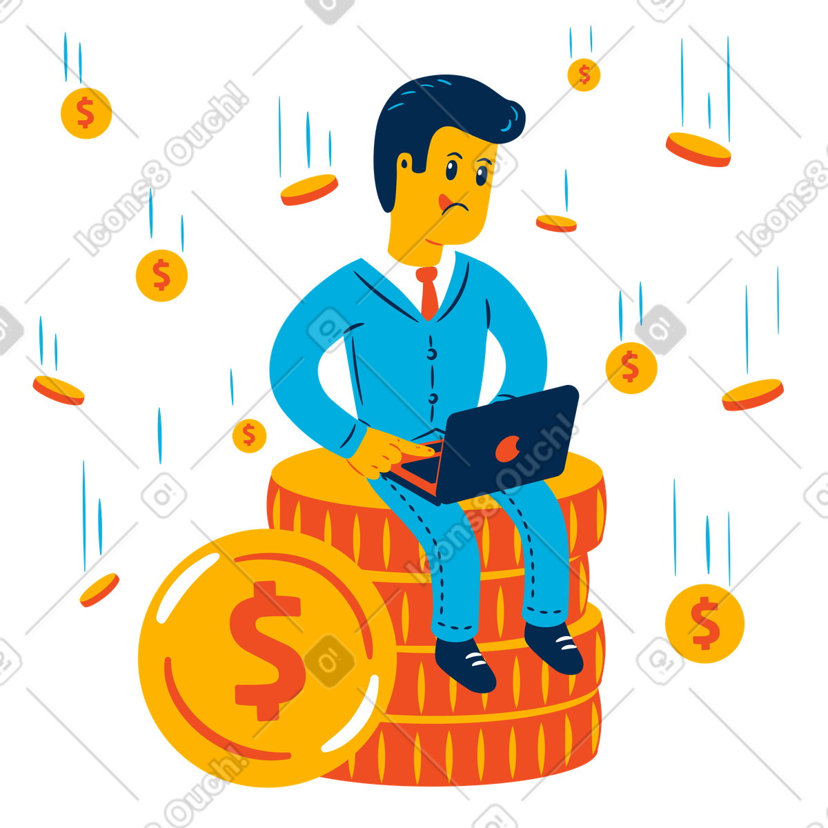 Man making easy money while working on laptop illustration in Flame style download in PNG, SVG