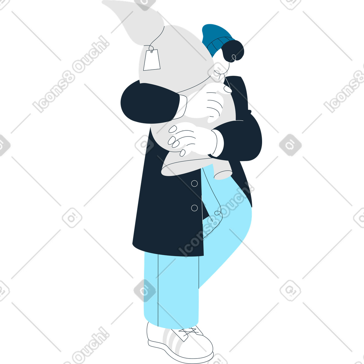 Man in coat and beanie walking with a christmas tree illustration Indigo style download PNG, SVG