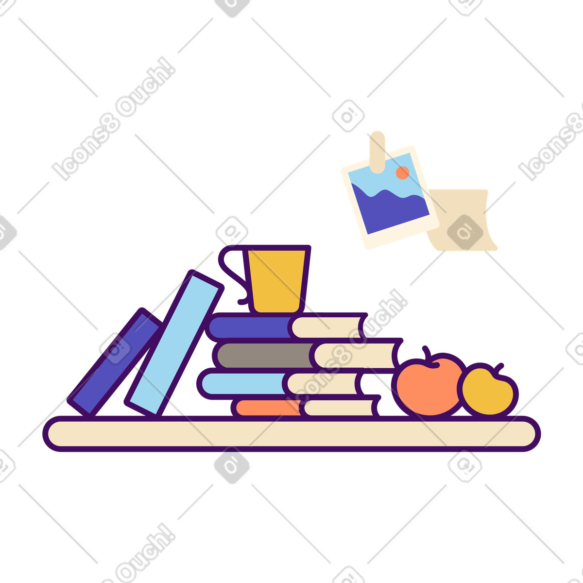Ilustración Estantería con libros y manzanas. en estilo Simplistic a descargar en PNG SVG