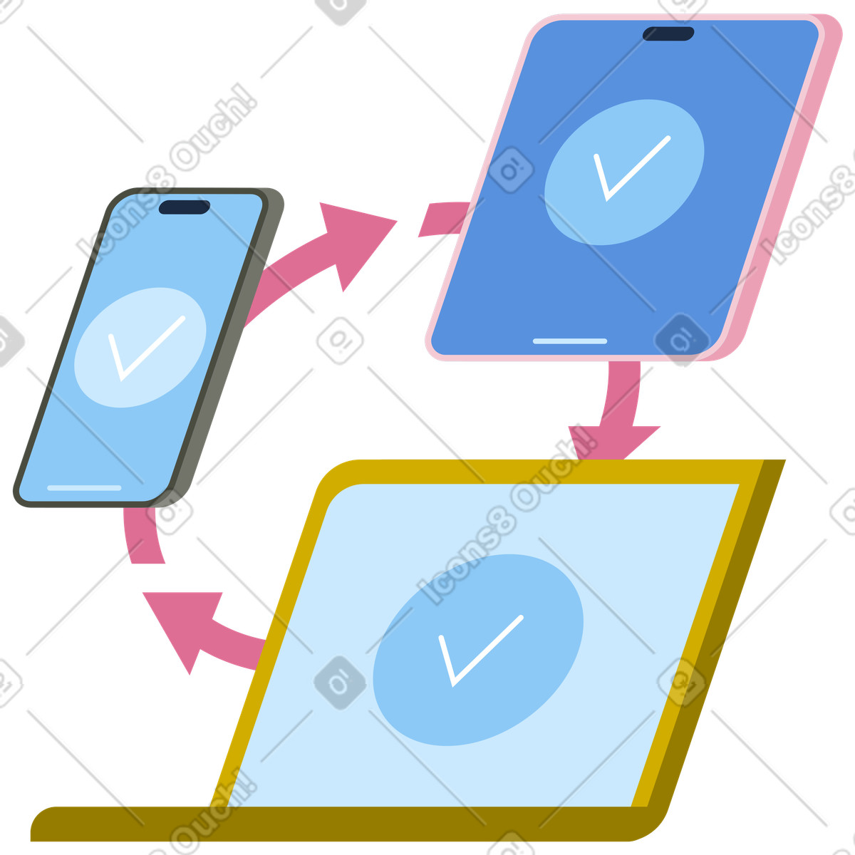Sincronizzazione dei dati multipiattaforma, connettività dell'ecosistema delle app unificato illustrazione in stile Vector scarica in PNG, SVG