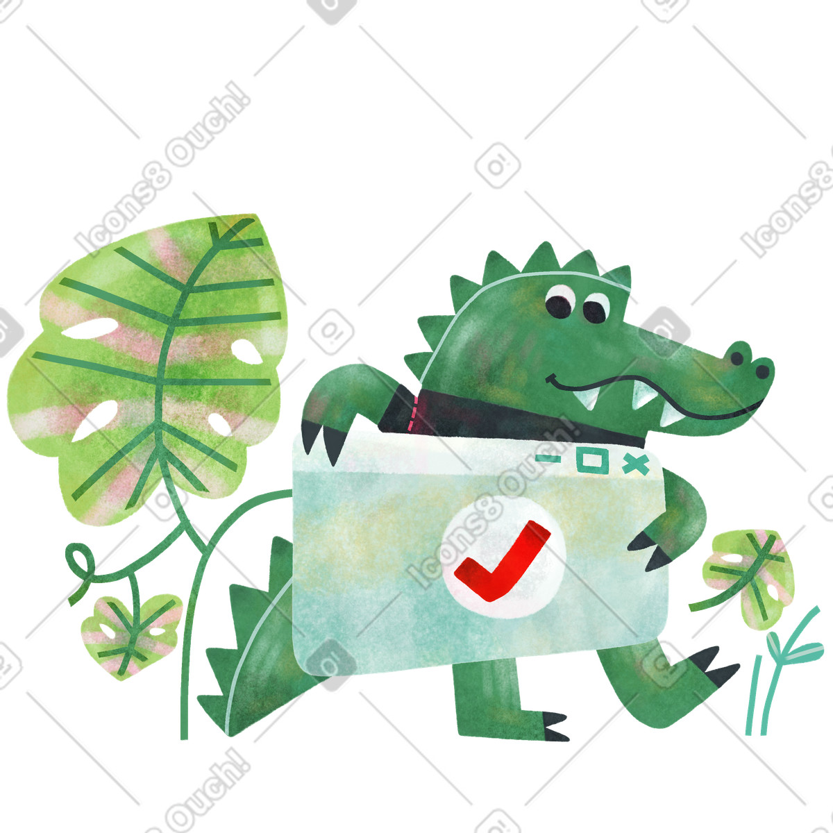 Jungle スタイルの チェックマークが付いたブラウザタブを保持しているワニ のイラストをPNG、SVG形式でダウンロード
