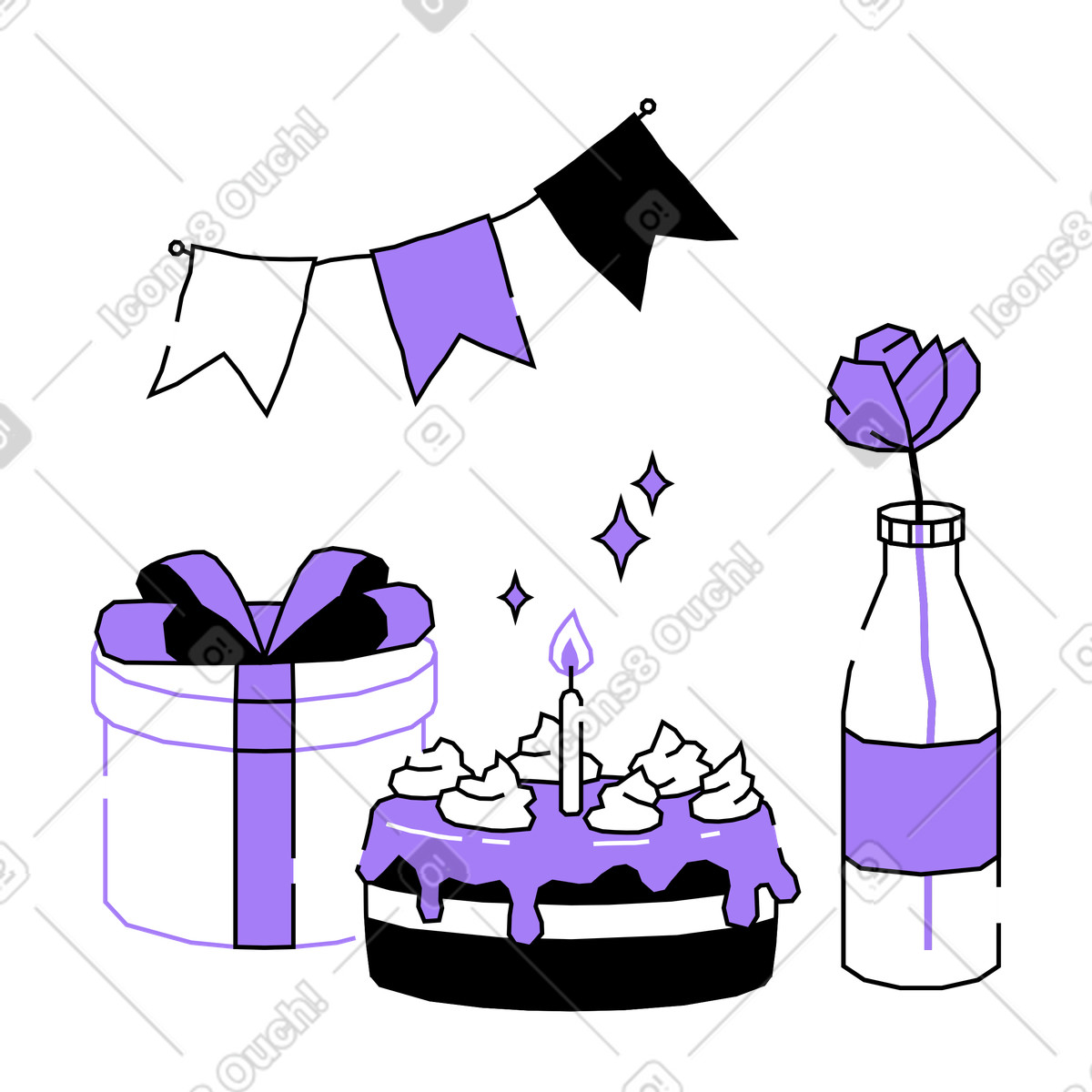 Birthday cake with present and decorations illustration in Amethyst style download in PNG, SVG