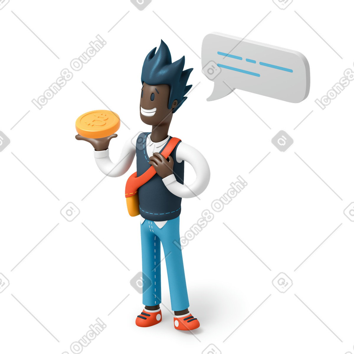 Uomo con moneta bitcoin in mano illustrazione stile 3D Flame scarica PNG, SVG