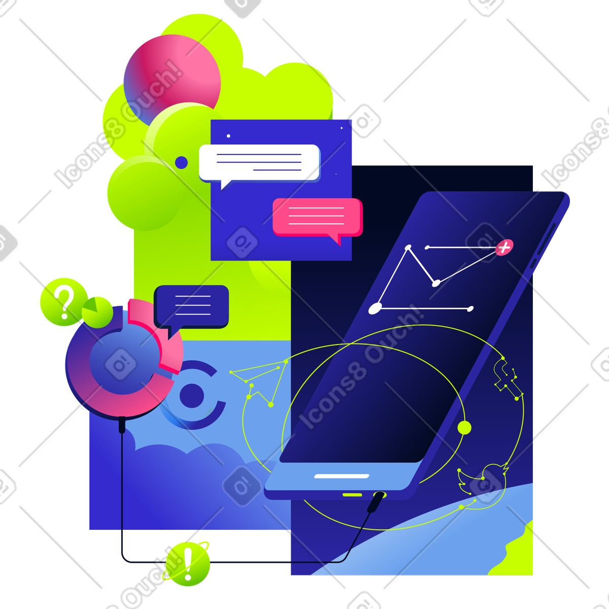 Smartphone con messaggi non letti e icone dei social network illustrazione in stile Space scarica in PNG, SVG