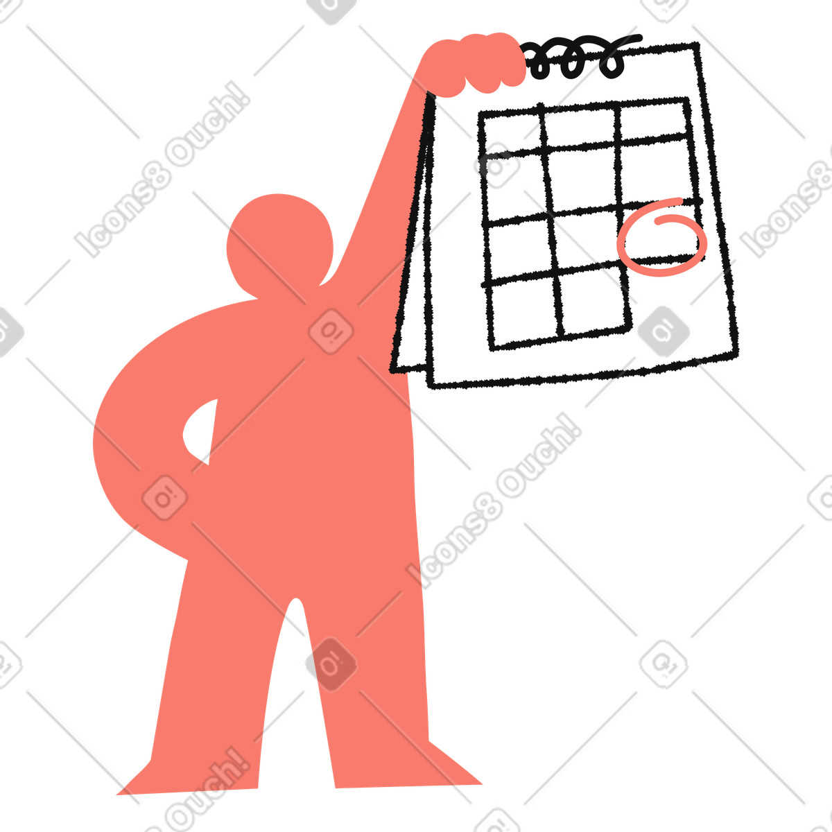 Calendar character holding marked date reminder with confident stance illustrazione in stile scarica in PNG, SVG