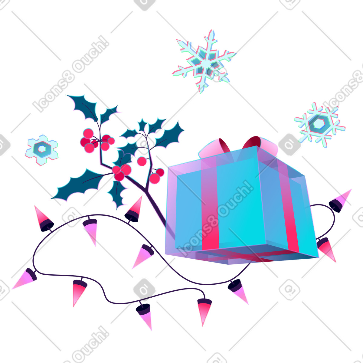 Christmas present, holly and fairy lights, Festive seasonal decorations-Illustration im Neon-Stil als Download in PNG, SVG