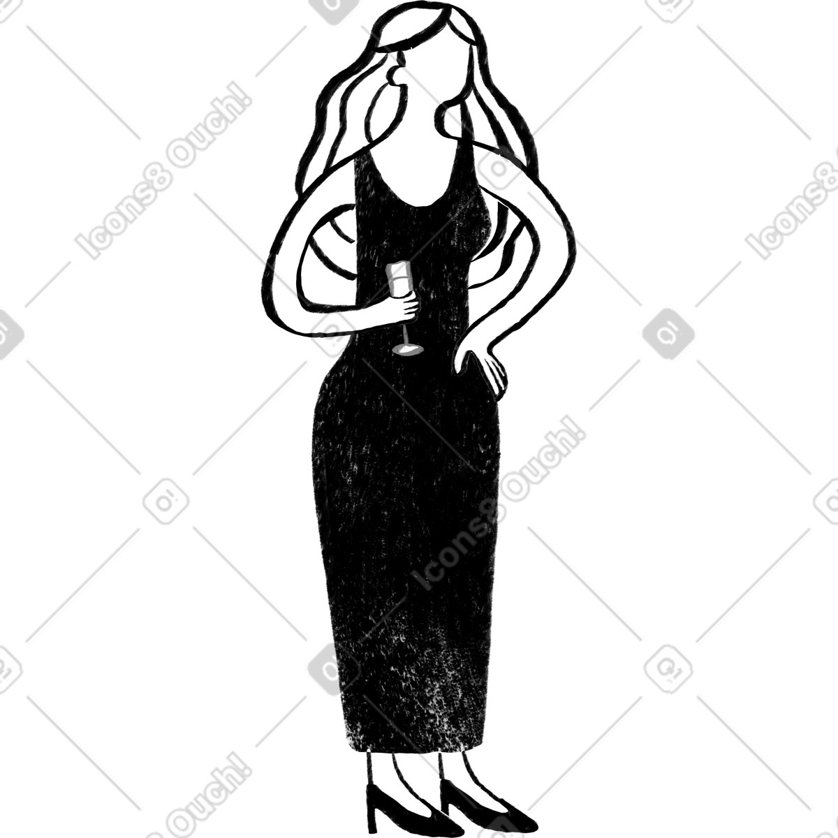 Black and white woman in a dress standing with her hand on hip chapagne glass illustration Company style download PNG, SVG