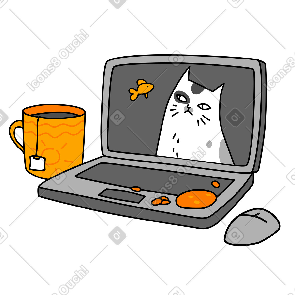 Ilustración Lugar de trabajo en casa con computadora portátil, taza té y galletas estilo Purr a descargar PNG SVG
