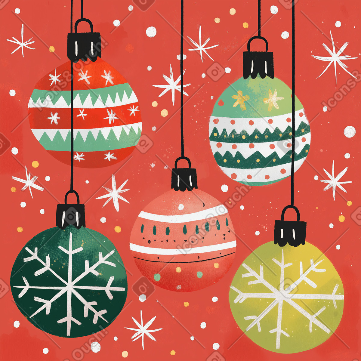 Christmas ornaments with stars on red background, Festive holiday pattern illustration in Postcards style download in PNG, SVG