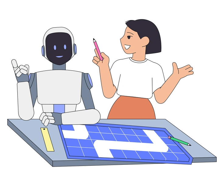 A robot and a woman collaborating at a table - Teko style illustration