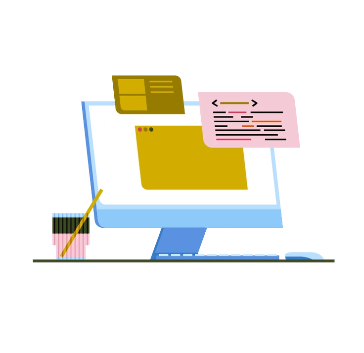 A computer screen displaying code and design elements - Vector style illustration