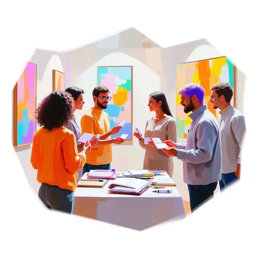A group of five illustrators with diverse appearances, including a woman with curly hair, a man with glasses, and a person with brightly colored hair, are gathered in a vibrant art gallery. They are engaged in conversation while exchanging business cards. Colorful artwork hangs on the walls, creating an inspiring backdrop. Some of the illustrators hold their cards out with smiles, while others are attentively listening. The gallery has a lively atmosphere, with soft lighting illuminating the artworks and the attendees. A few art supplies, like sketchbooks and markers, are scattered on a nearby table, adding to the creative environment.