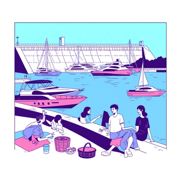 A group of colorful boats and sleek yachts are anchored near a large concrete dam. The boats vary in design, with some being small and motorized while others are elegant sailing yachts with white sails. In the foreground, several people are sitting on the edge of the dam, enjoying the view, some are pointing at the water, while others are chatting and smiling. There are a few picnic baskets scattered around, with snacks visible. The water is calm, reflecting the vivid colors of the boats and the blue sky above.