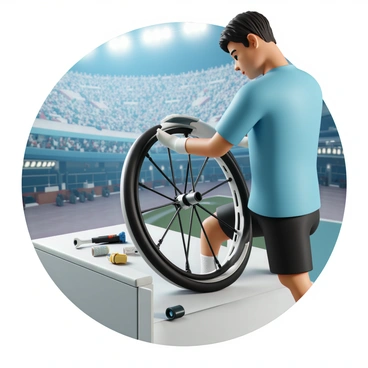 A sports wheelchair, featuring a sleek, aerodynamic design, is positioned on a maintenance bench. A player, dressed in a fitted blue jersey and black shorts, is focused on adjusting the hand rim of the wheelchair. The player has short, dark hair and is wearing sports gloves for better grip. Tools such as a wrench and lubricant are spread out on the bench nearby. The background shows a busy sports arena with bright lights and spectators starting to fill the seats, creating an atmosphere of anticipation for the upcoming match.