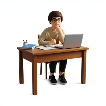 A student with short brown hair and wearing glasses sits at a wooden desk. The desk is cluttered with a few notebooks, a pencil holder, and a laptop open with a blank document. The student has a focused expression, with one hand resting on their chin and the other hand poised over the keyboard. Sunlight filters through a window, casting soft shadows on the desk and highlighting the student's concentration as they draft a story for a writing test.