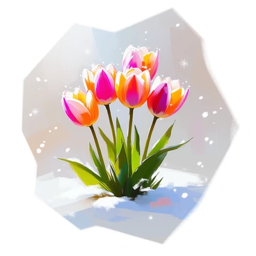 A cluster of rare tulips with vibrant petals in shades of red, purple, and yellow is emerging through a delicate layer of light snow. The tulips are slightly bent, their green stems standing out against the white backdrop. The snowflakes are resting softly on the petals, creating a contrast between the colorful flowers and the wintry scene. A few tufts of fresh green leaves are visible at the base, adding to the composition, while the surrounding ground is blanketed in a thin layer of snow.