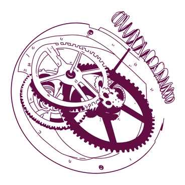 A duotone illustration featuring a mechanical clock with a cutaway view. The clock displays intricate gears and springs in motion, revealing the inner workings of the timepiece. The gears are interlocking and spinning, showcasing their detailed teeth and metallic texture. The springs are coiled and extending, indicating their tension and energy as they contribute to the clock's movement. The entire composition emphasizes the complexity and precision of the mechanical design.