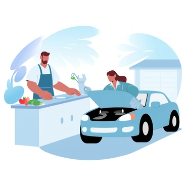 A man with short hair is standing in a modern kitchen, wearing an apron and focused on preparing a meal. He is stirring a pot on the stove and has various ingredients spread out on the countertop, including vegetables and spices. Nearby, a woman with long hair is underneath the hood of a car parked in a driveway, wearing a mechanic's jumpsuit and safety gloves. She is holding a wrench and appears to be working on the engine. Sunlight filters through the trees surrounding the driveway, creating a warm atmosphere in the scene.