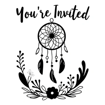 An invitation card with the words "You're Invited" prominently displayed at the top. The background features an intricate dreamcatcher hanging from the top center. The dreamcatcher is adorned with various feathers hanging down, and there are delicate beads attached to the web. Surrounding the dreamcatcher, there are floral elements that complement the bohemian theme, with a mix of leaves and wildflowers. The overall layout is balanced, with the invitation text set against this detailed backdrop.