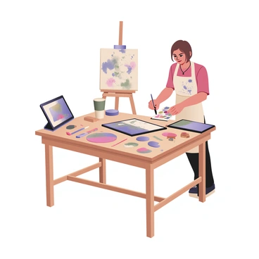An artist is standing at a large wooden table, surrounded by an array of paint tubes, pastel sticks, and digital drawing tablets. The artist has short brown hair and is wearing a white apron splattered with various colors of paint. They are mixing vibrant colors on a palette using a brush, while a canvas stands on an easel next to them. Digital tools, such as a stylus and tablet, rest on the table, displaying a colorful digital artwork in progress. Splatters of paint are seen across the workspace, and a few finished artworks are hanging on the wall behind the artist. The atmosphere is dynamic and creative, filled with colors from the medium on the table.
