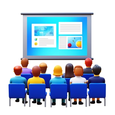 A large screen displaying a modern digital presentation with vibrant graphics and text. The screen shows bullet points and images relevant to the presentation topic. In the foreground, a diverse audience is seated, attentively looking at the screen. The audience includes individuals of various ages and ethnicities, with some taking notes. The setting includes rows of chairs arranged in front of the screen, with a well-lit room and professional decor.