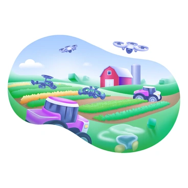 A farm with automated tractors and drones monitoring crops in neat rows