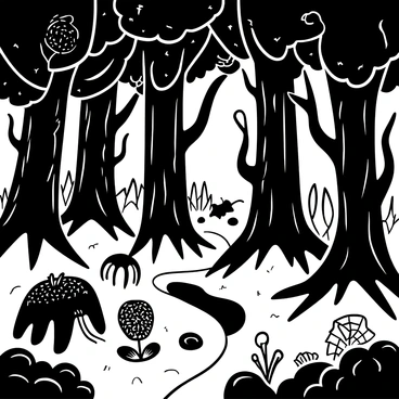 A dense forest filled with towering trees, their trunks thick and gnarled. "Luminescent plants" are scattered throughout, casting an ethereal glow in various shapes and sizes. Unusual creatures, with intricate textures and forms, roam among the foliage, each one distinct and captivating. The ground is covered in a soft carpet of moss, and the air feels thick with mystery, as winding paths lead deeper into the enchanting landscape. Light filters through the canopy, creating a play of shadows and highlights on the forest floor.