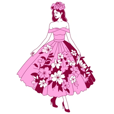 A pink dress is crafted entirely from an array of vibrant fresh flowers, showcasing a variety of colors and types including roses, daisies, and lilies. The dress features a fitted bodice with a flowing skirt that cascades elegantly to the ground, creating a stunning floral silhouette. The flowers are arranged artfully, creating a natural pattern that enhances the overall design. A delicate headpiece made of smaller flowers sits atop the model's head, complementing the floral theme. The model stands gracefully, with one leg slightly forward and arms relaxed at her sides, exuding confidence and style.